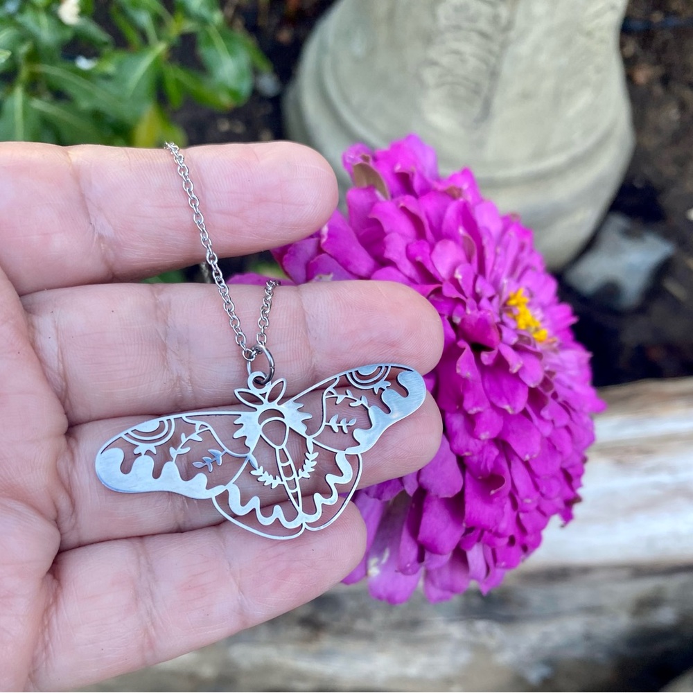 Celestial Moth Moon Nature Boho Pendant Necklace